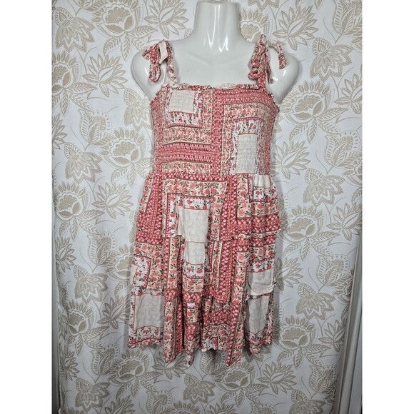American Eagle Patchwork Printed Floral Smocked Tiered Mini Dress sz MED Boho - Picture 2 of 10